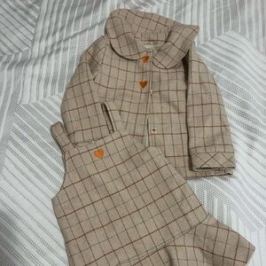 Plaid Tan Kids Outfit with Heart Accents